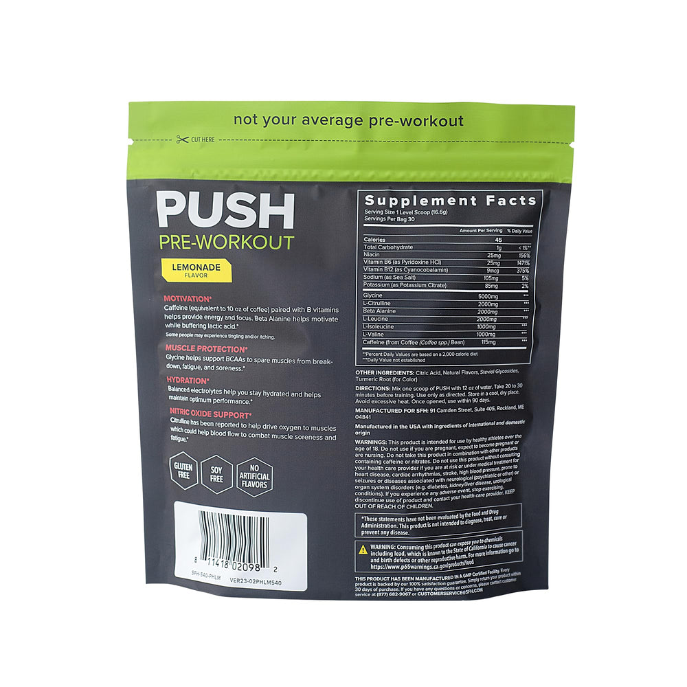 SFH Push lemonade powder dissolving in water for clean hydration and focused training.