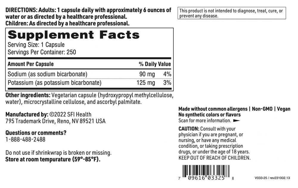 Ingredient list showing sodium bicarbonate and potassium bicarbonate