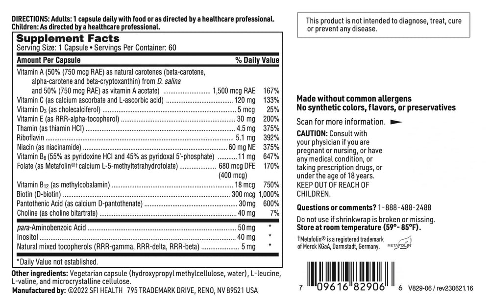 Nutrition facts emphasizing 100-200% RDA for most vitamins