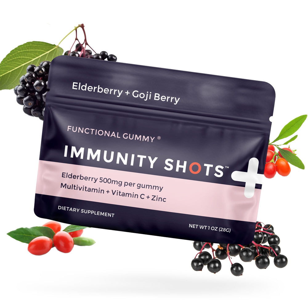 Front view of SGC Immunity Shots Elderberry and Goji Berry 500mg gummies