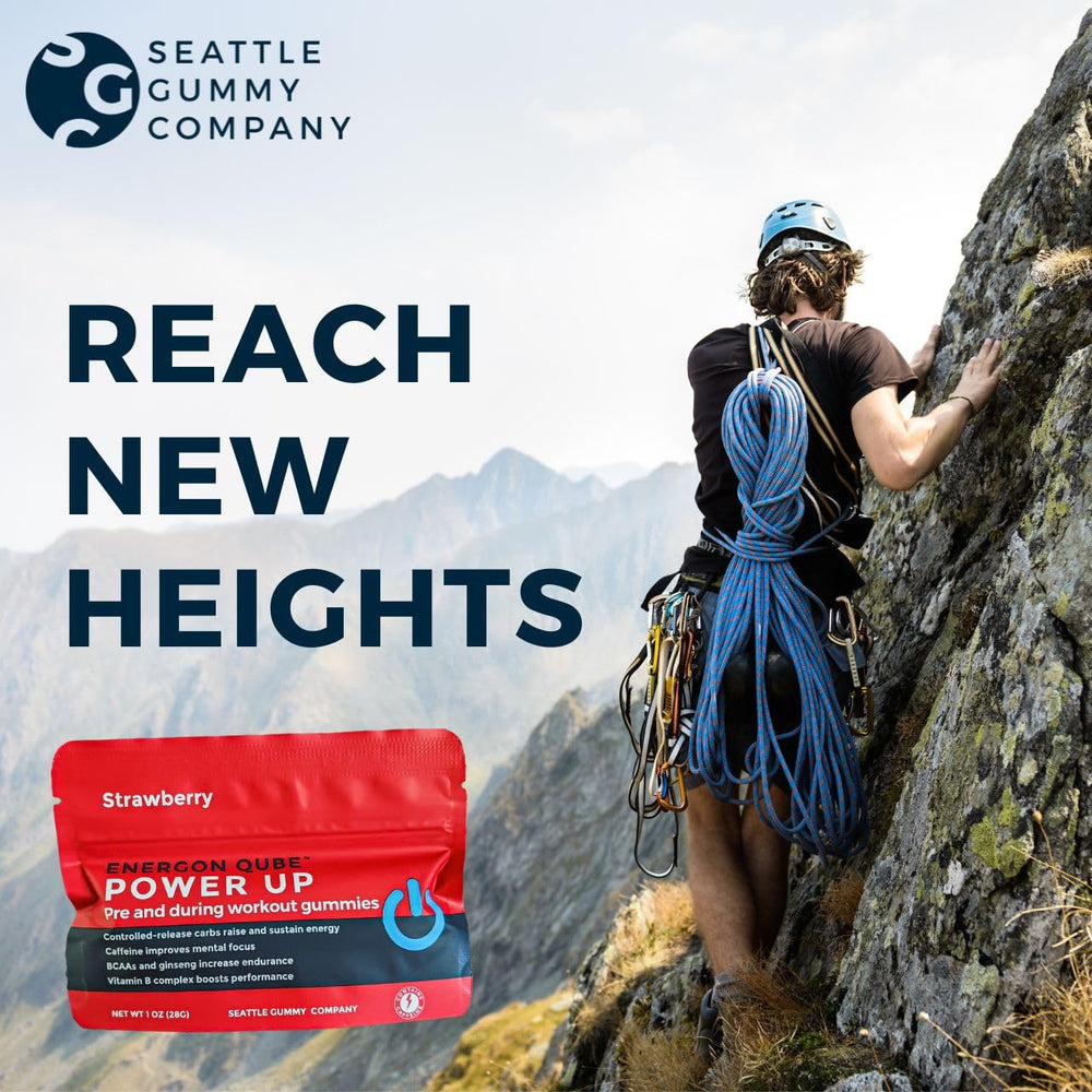 SGC Power Up gummies on-the-go scene shows easy, portable workout fuel.