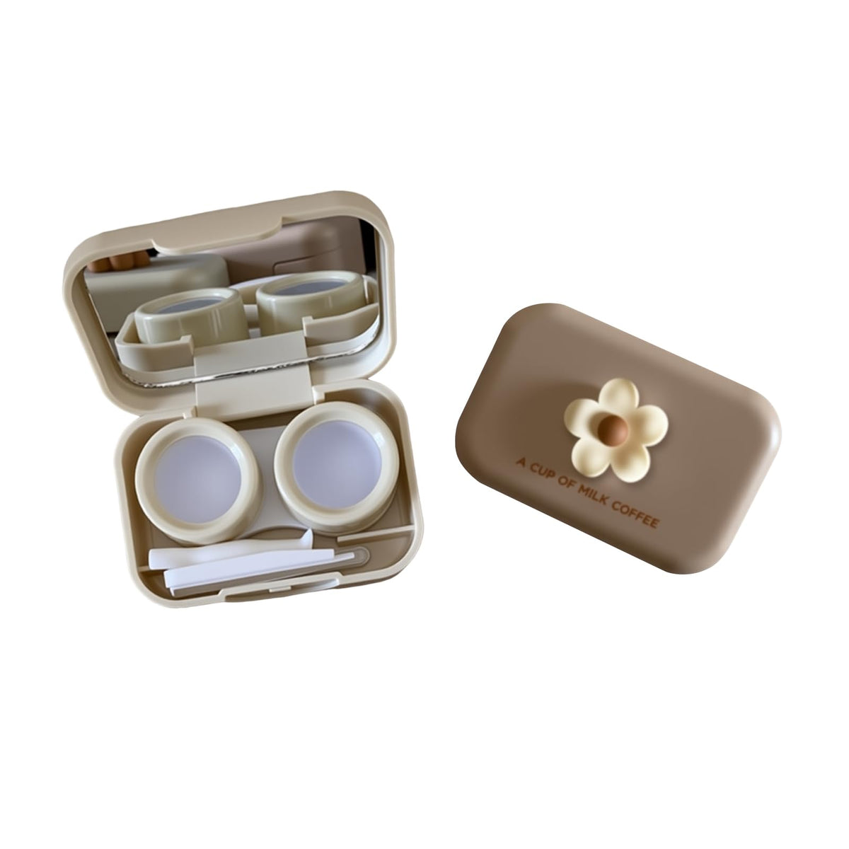 Sgphrzlt travel contact lens case kit with mirror and tweezers showing beige flower design