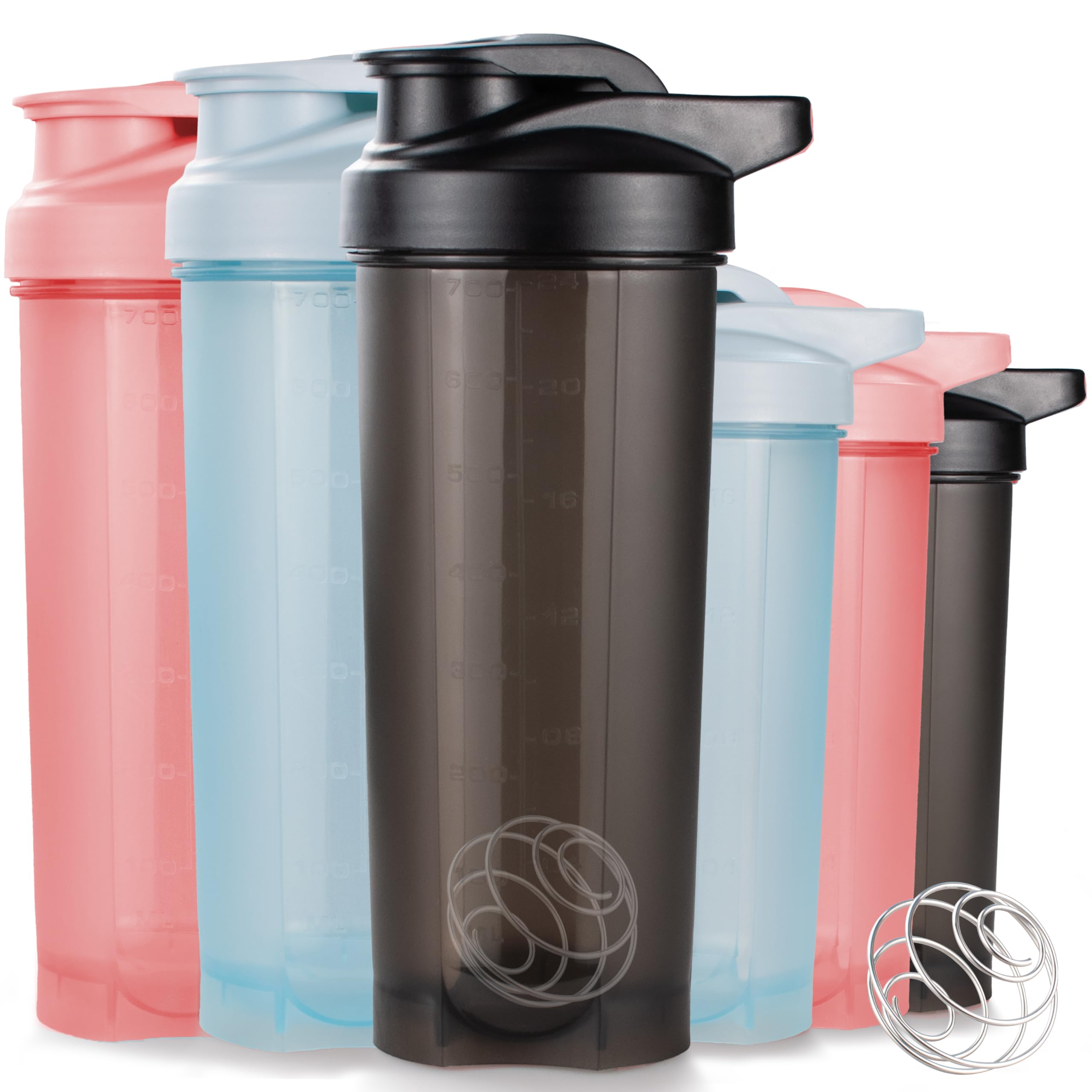 ShakerZoo six-pack protein shaker bottles in multicolor