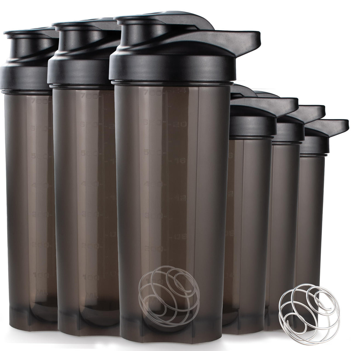 ShakerZoo 6-pack protein shaker bottles in black with 24 oz capacity