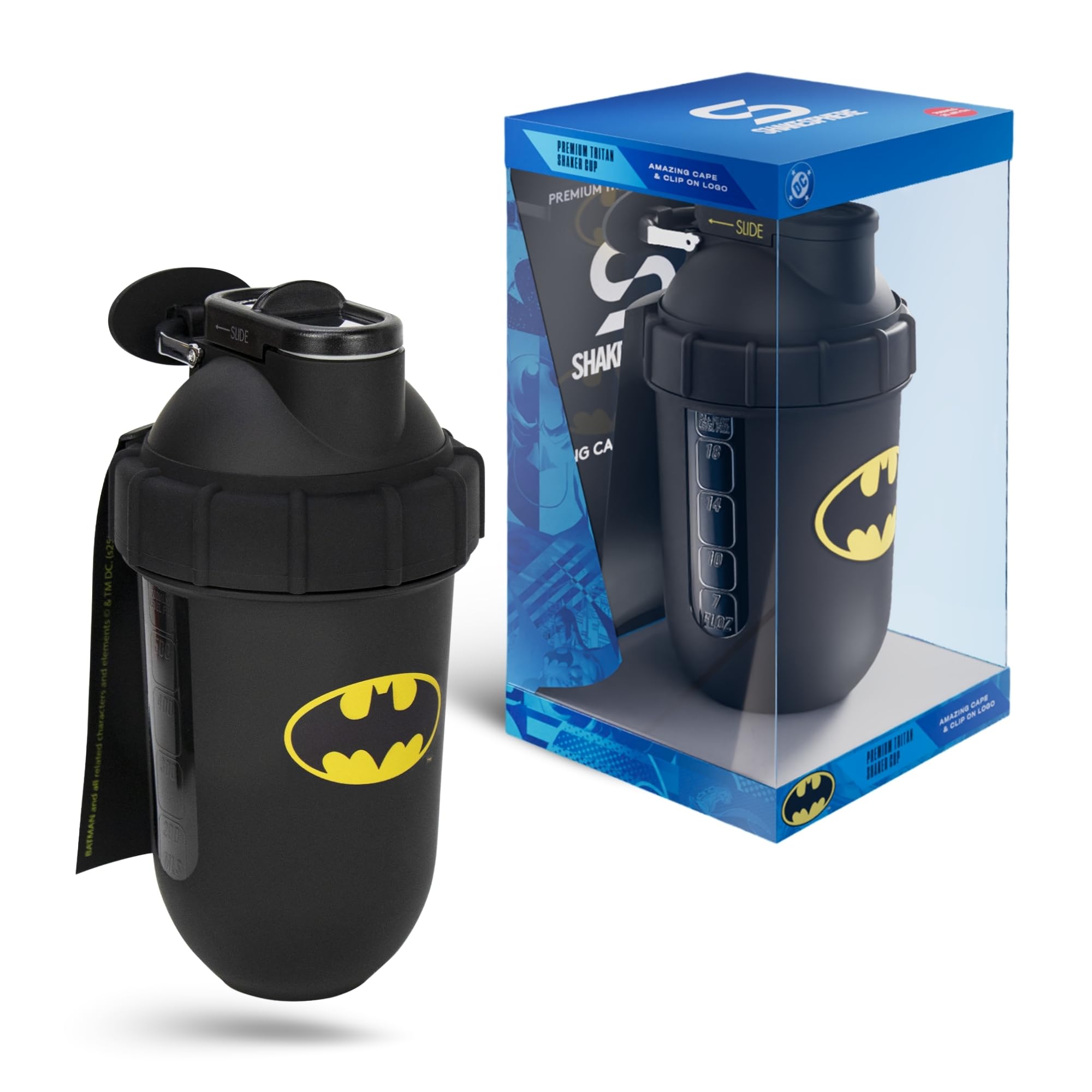 SHAKESPHERE Batman Edition 700ml Tritan Shaker Cup - front view with embossed bat emblem