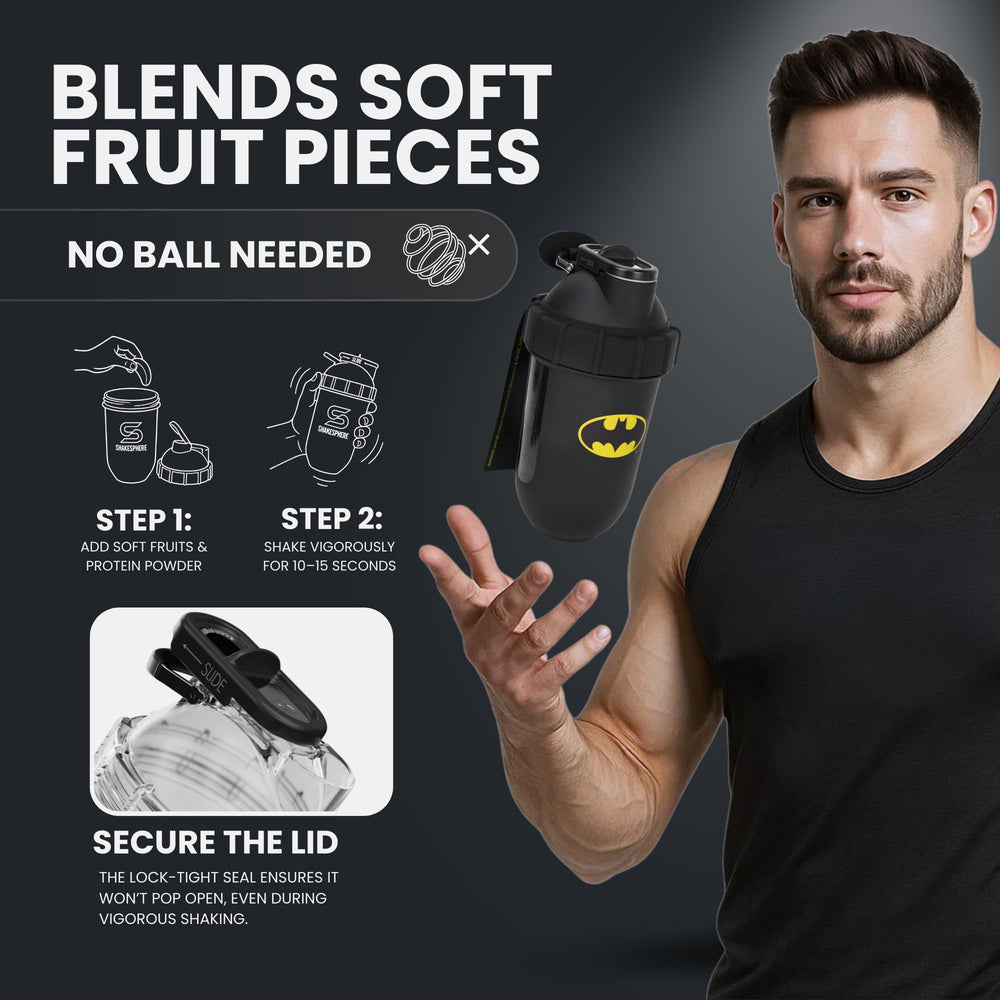 SHAKESPHERE Batman Edition shaker includes carry loop for on-the-go workouts.