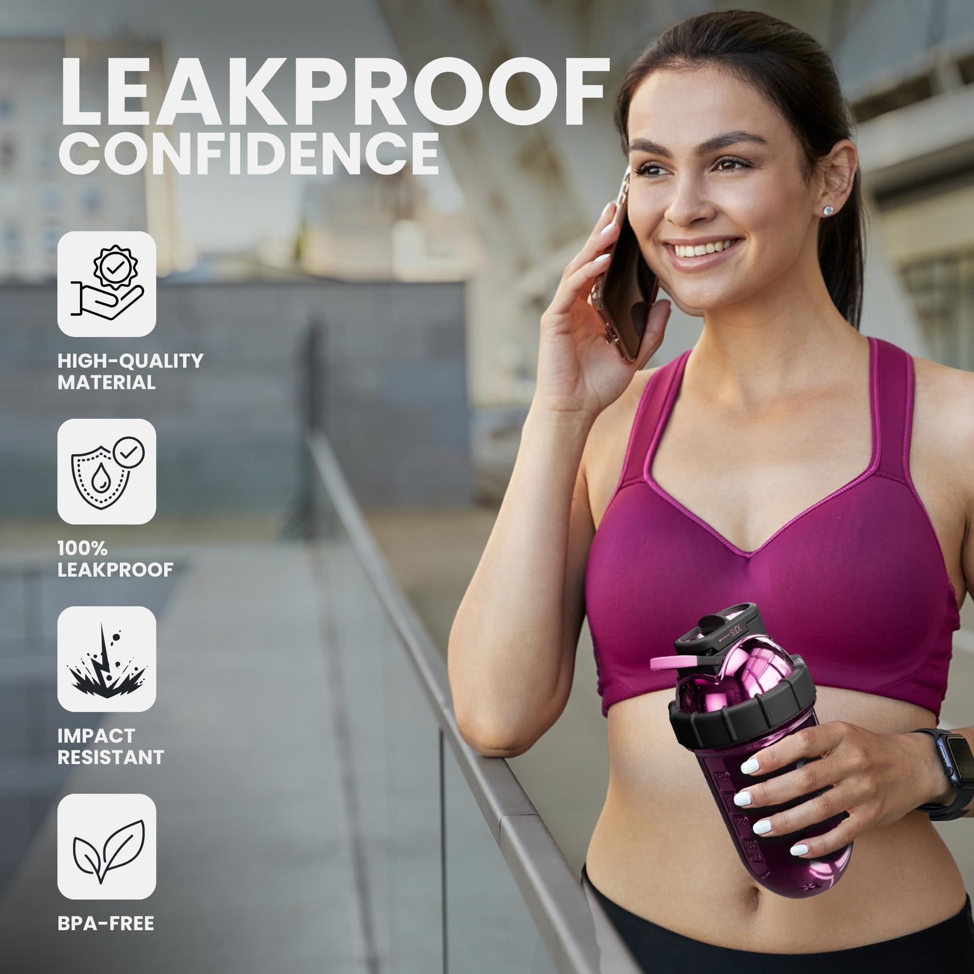 SHAKESPHERE leak-proof screw-on lid prevents spills during workouts and travel