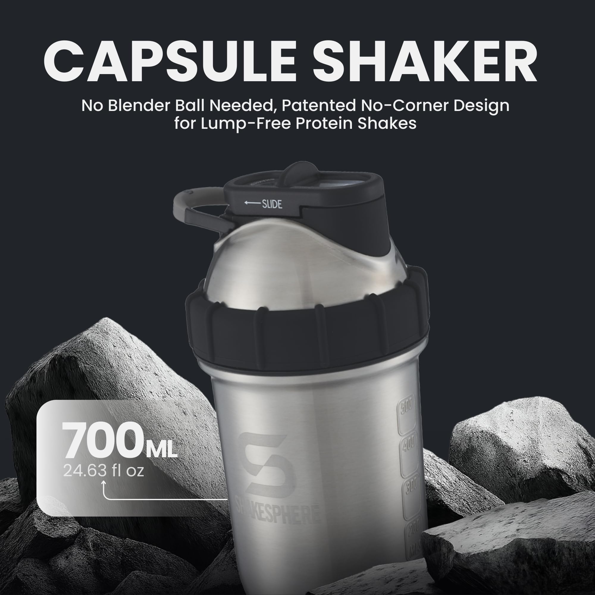 SHAKESPHERE stainless steel shaker 24oz capsule-design blend closeup demonstrates lump-free shakes