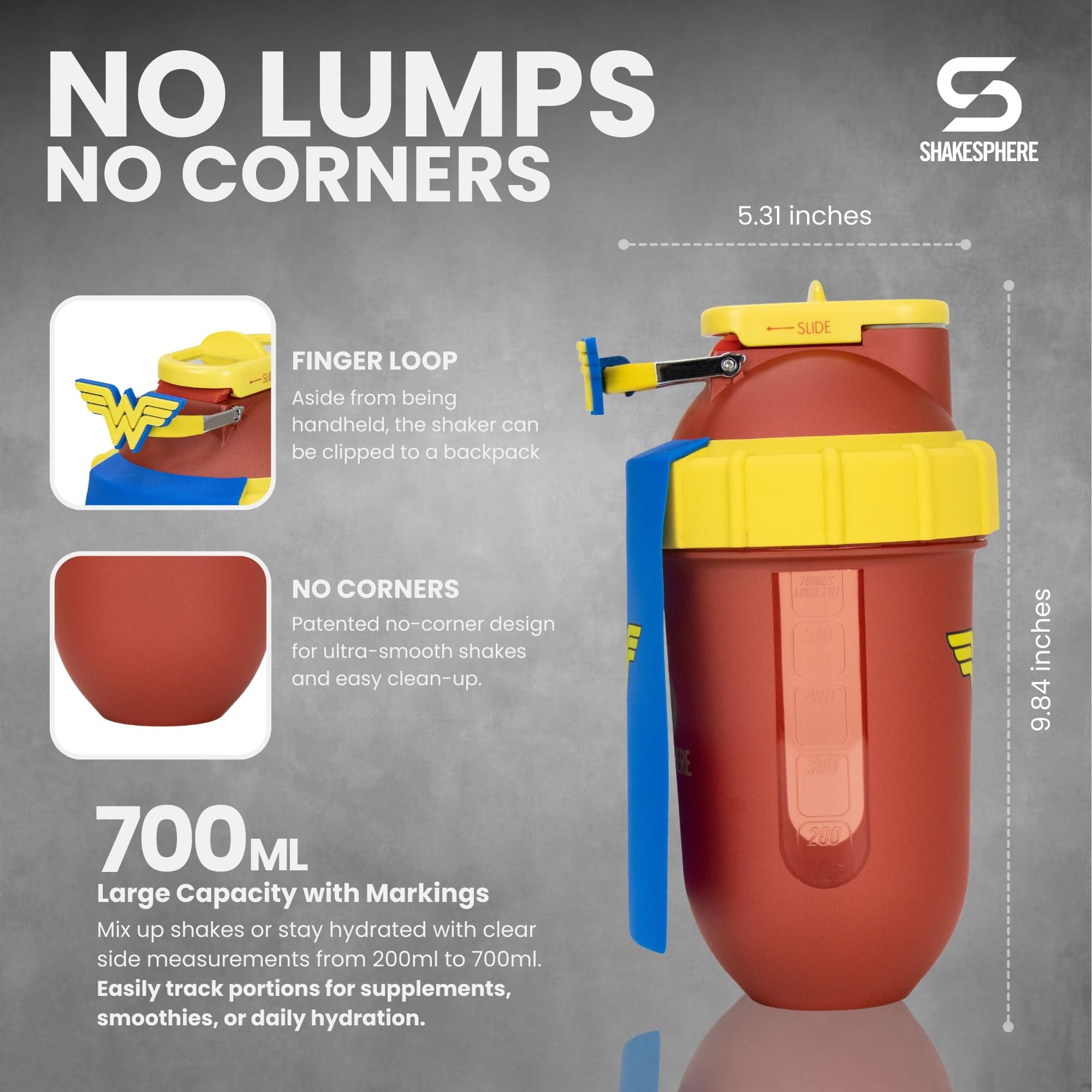 SHAKESPHERE Wonder Woman capsule design enables smooth mixing without a blender ball