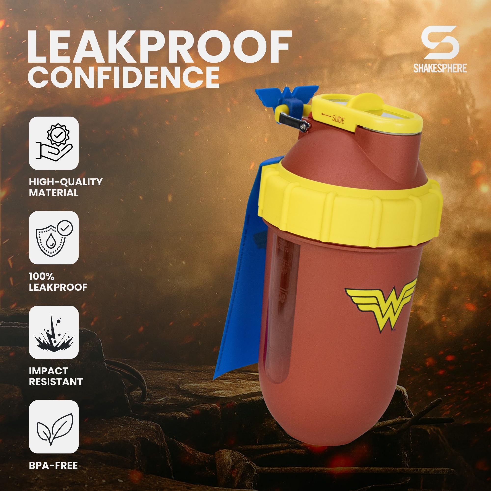 SHAKESPHERE Wonder Woman steel slide cap demonstrates leak-proof portability during workouts