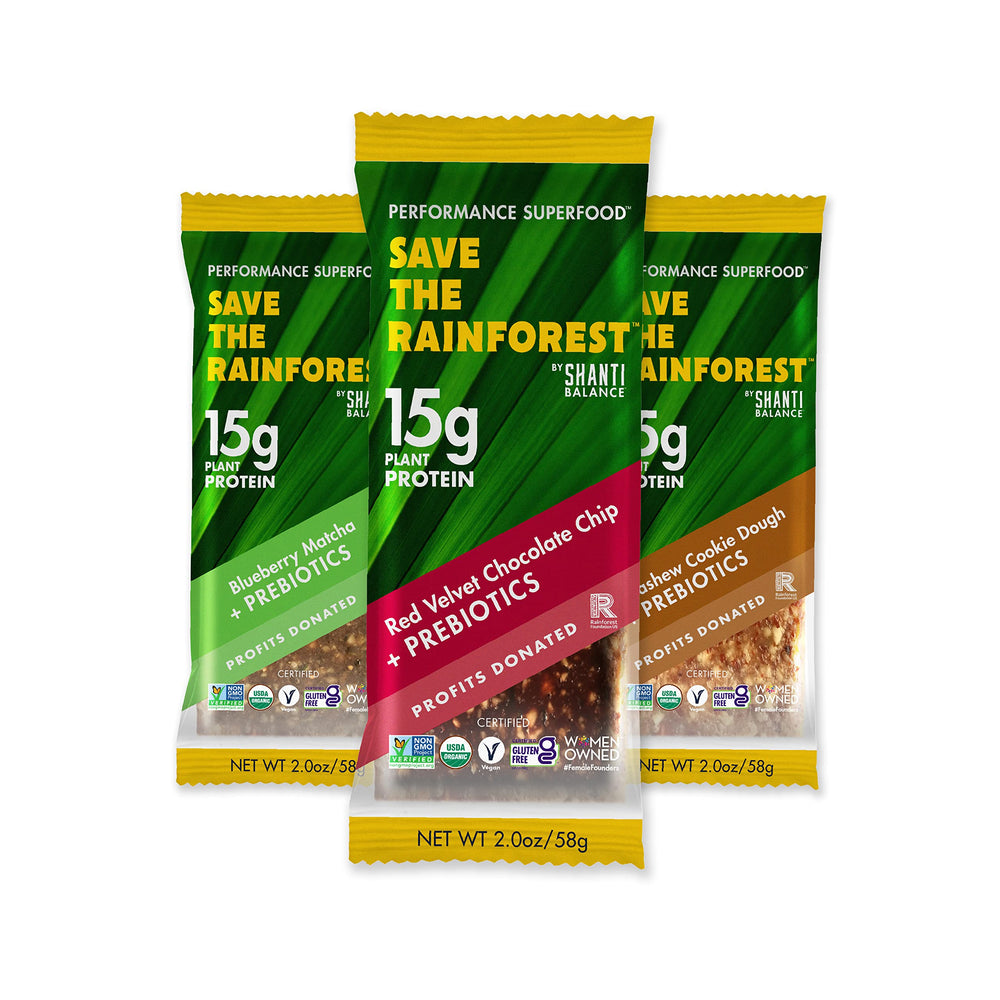 SHANTI BALANCE blueberry-matcha bar highlighting bright fruit notes and prebiotics for gut health.