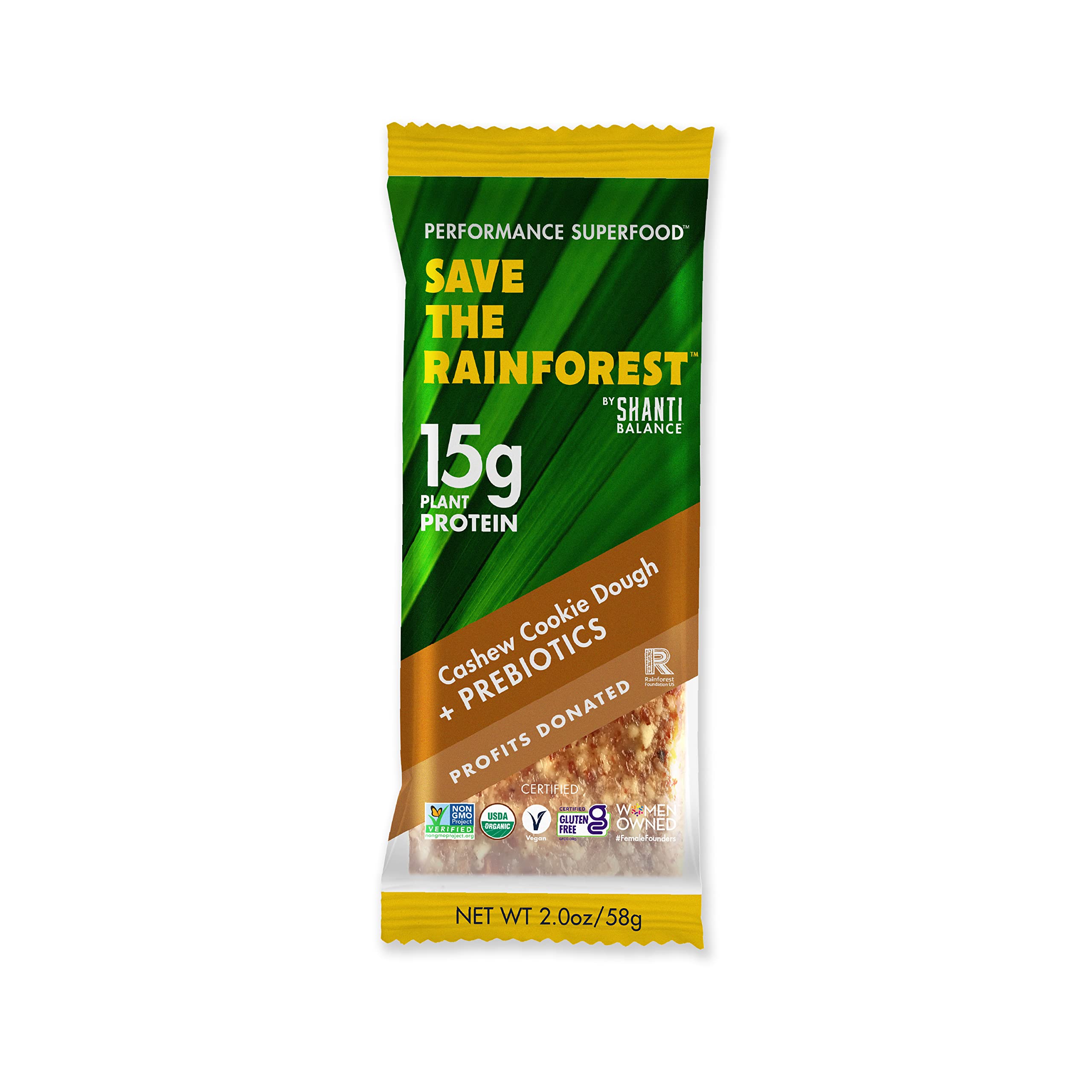 SHANTI BALANCE gut-health cashew cookie dough bar front view emphasizes protein-packed snack