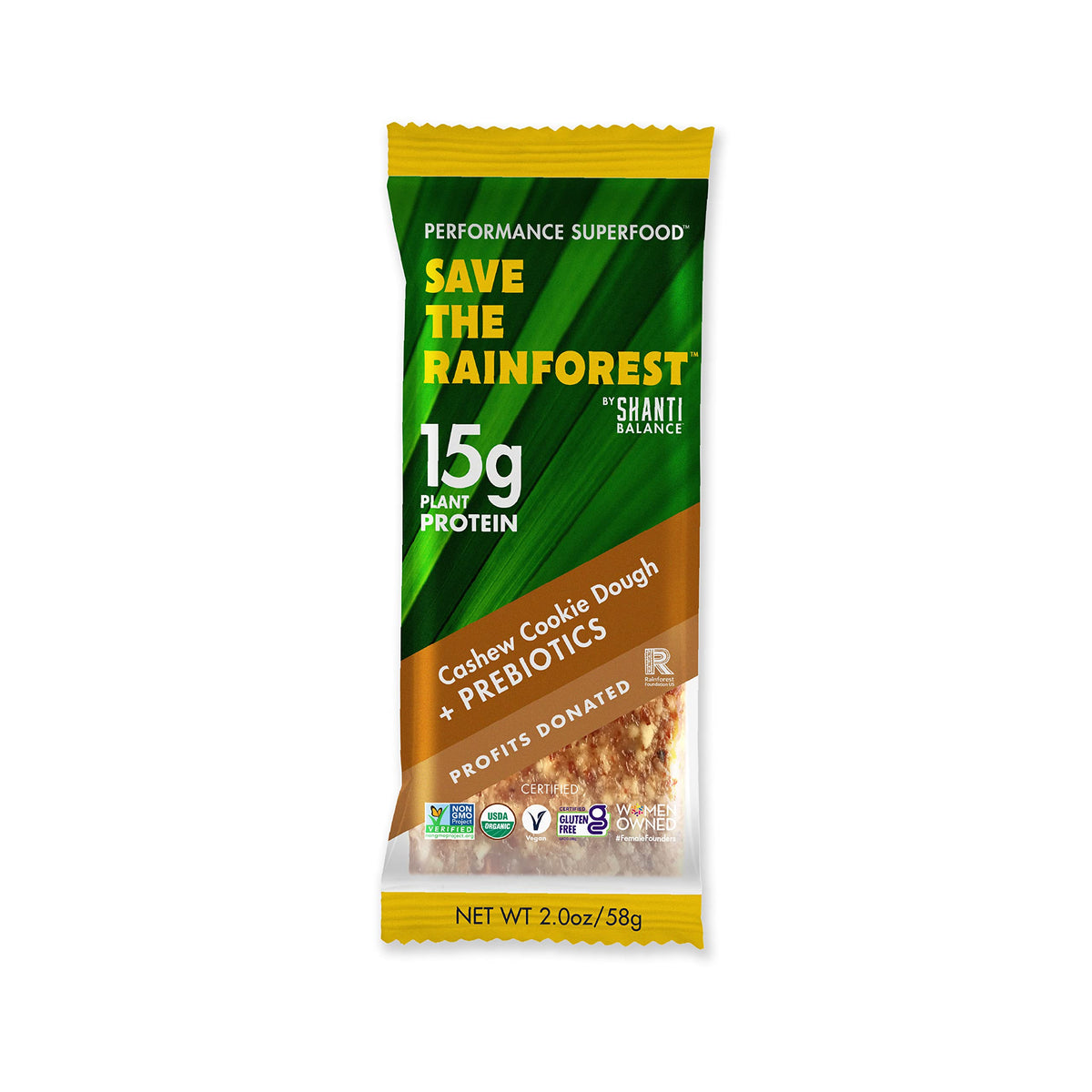 SHANTI BALANCE gut-health cashew cookie dough bar front view emphasizes protein-packed snack
