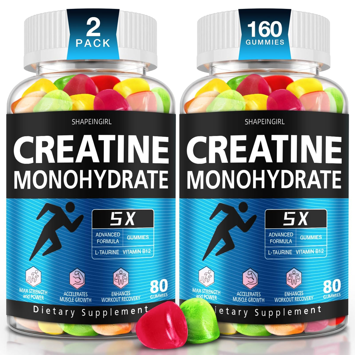 Bottle of SHAPEINGIRL Creatine Monohydrate Gummies with mixed fruit flavors