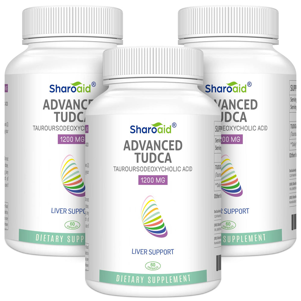 Sharoaid Tudca liver supplement bottle highlighting high-strength detox support for adults.