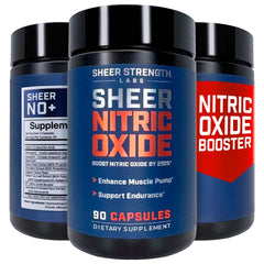 Sheer Strength Labs nitric oxide supplement bottle front for pumps and performance.