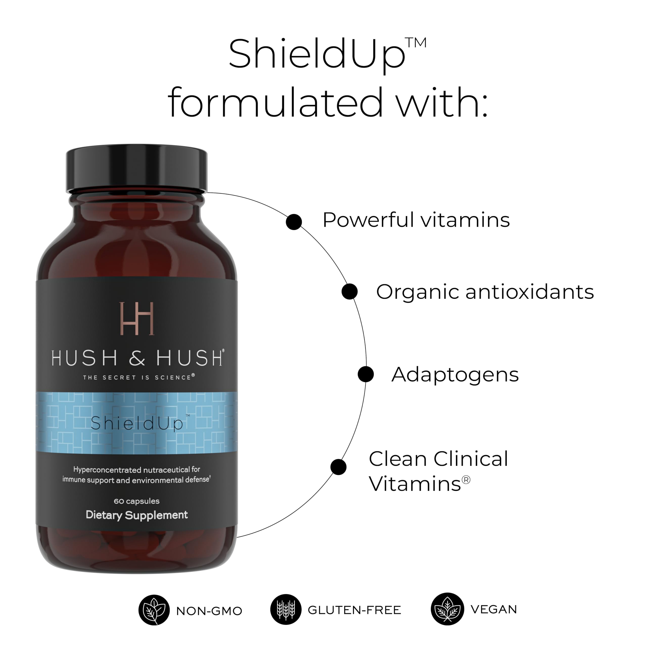 Close-up of ShieldUp bottle highlighting brain boost and immune support