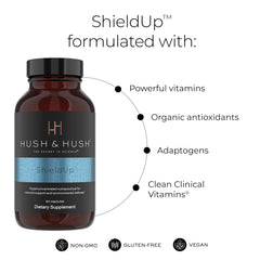 Close-up of ShieldUp bottle highlighting brain boost and immune support
