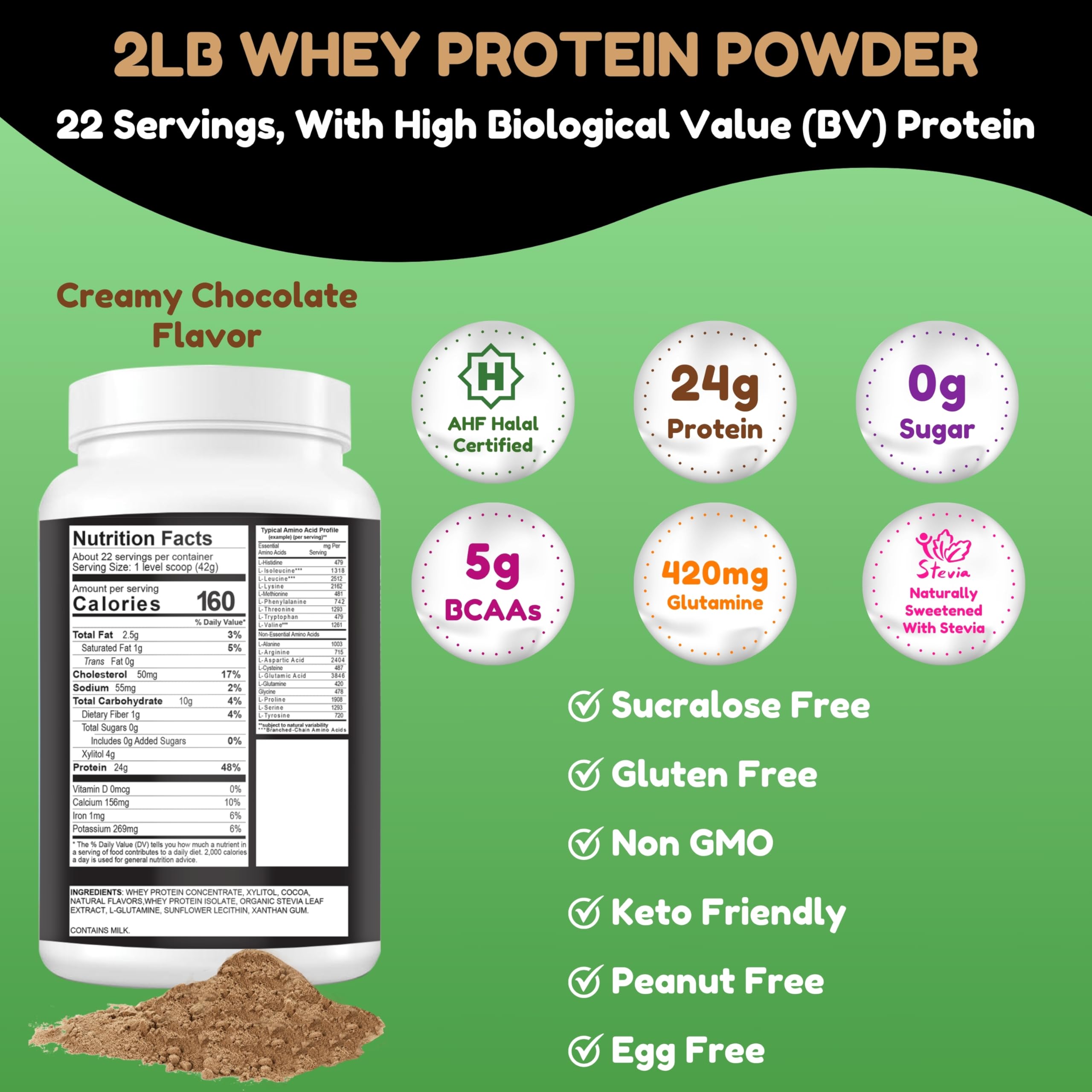Front view of Shifaa Nutrition Halal Whey Protein Canister - Creamy Chocolate flavor.