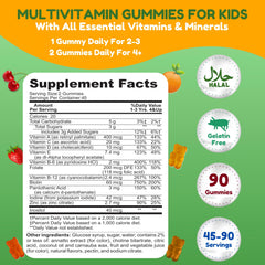 Close-up of fruit-flavored kids multivitamin gummies in cherry, strawberry, and orange flavors