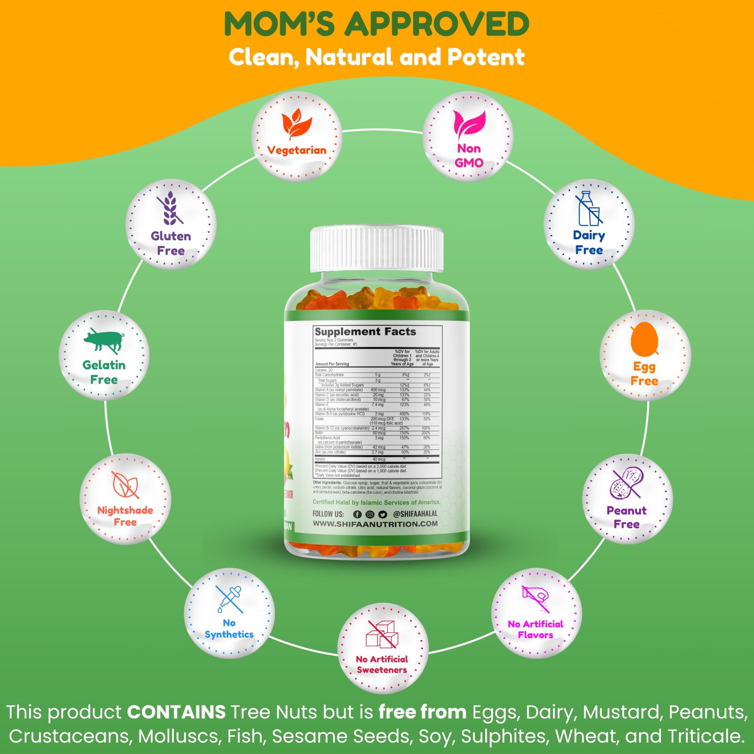 Icons indicating Non-GMO, gelatin-free, gluten-free, and dairy-free attributes