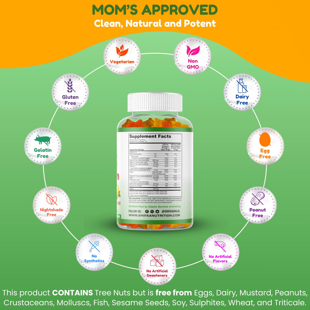 Icons indicating Non-GMO, gelatin-free, gluten-free, and dairy-free attributes