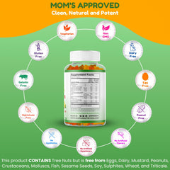 Icons indicating Non-GMO, gelatin-free, gluten-free, and dairy-free attributes