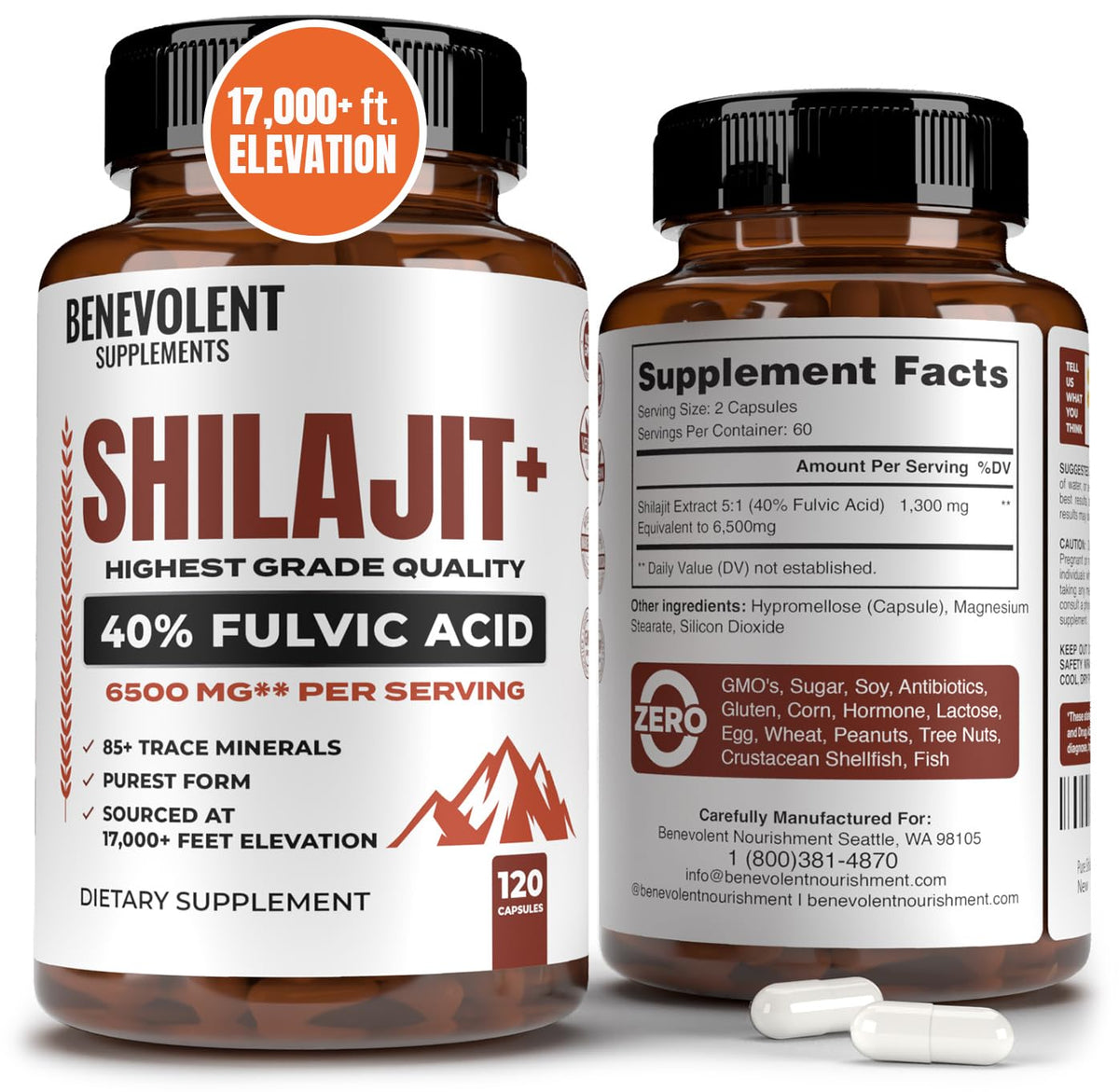 Shilajit 6,500mg per serving with 40% fulvic acid - 120 capsules, USA-made