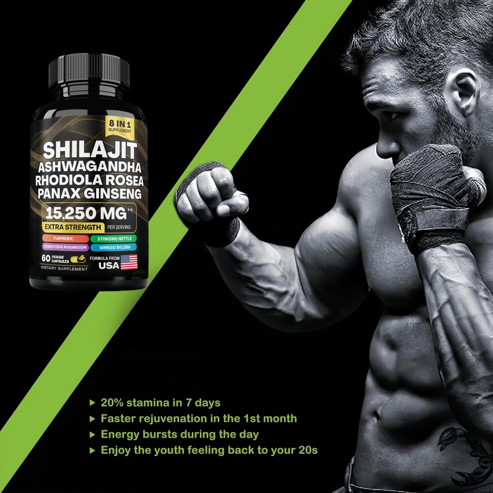 Shilajit Ashwagandha capsules promoting energy and focus