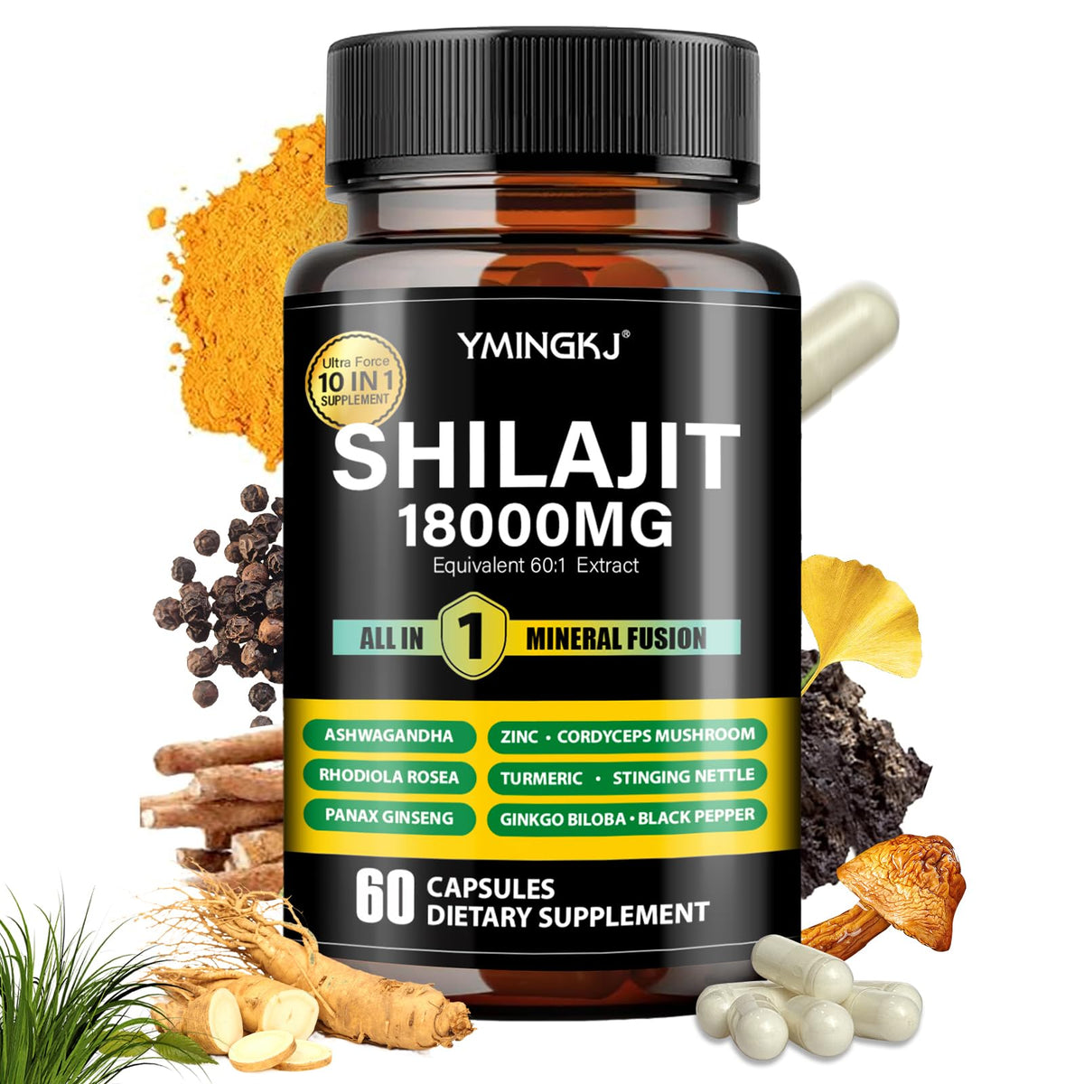 Shilajit capsules 18000mg 60-count 10-in-1 with Ashwagandha and Rhodiola