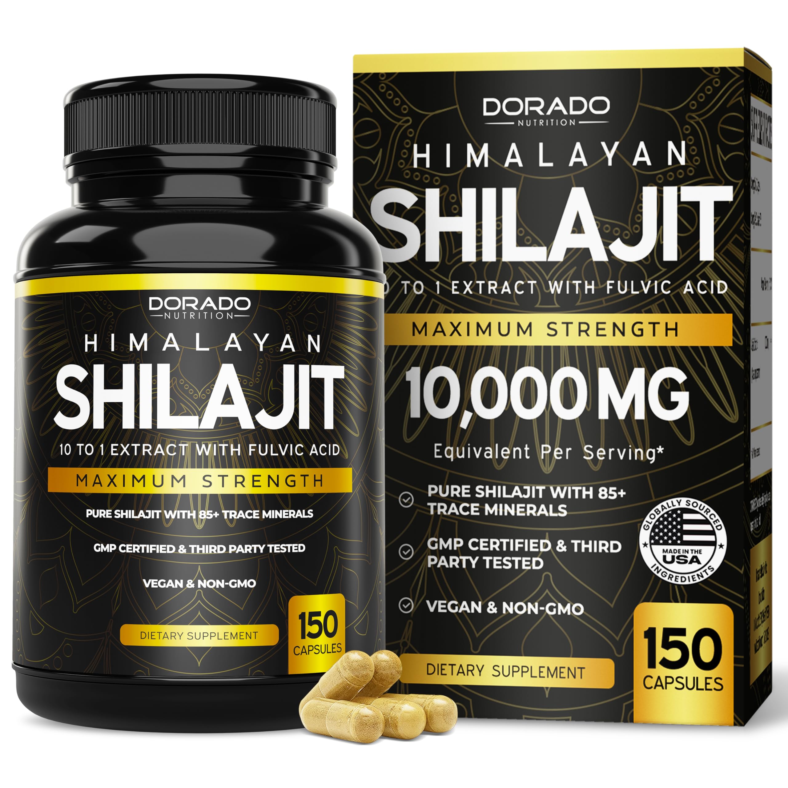 Shilajit capsules bottle showing 85+ minerals and 75-day supply