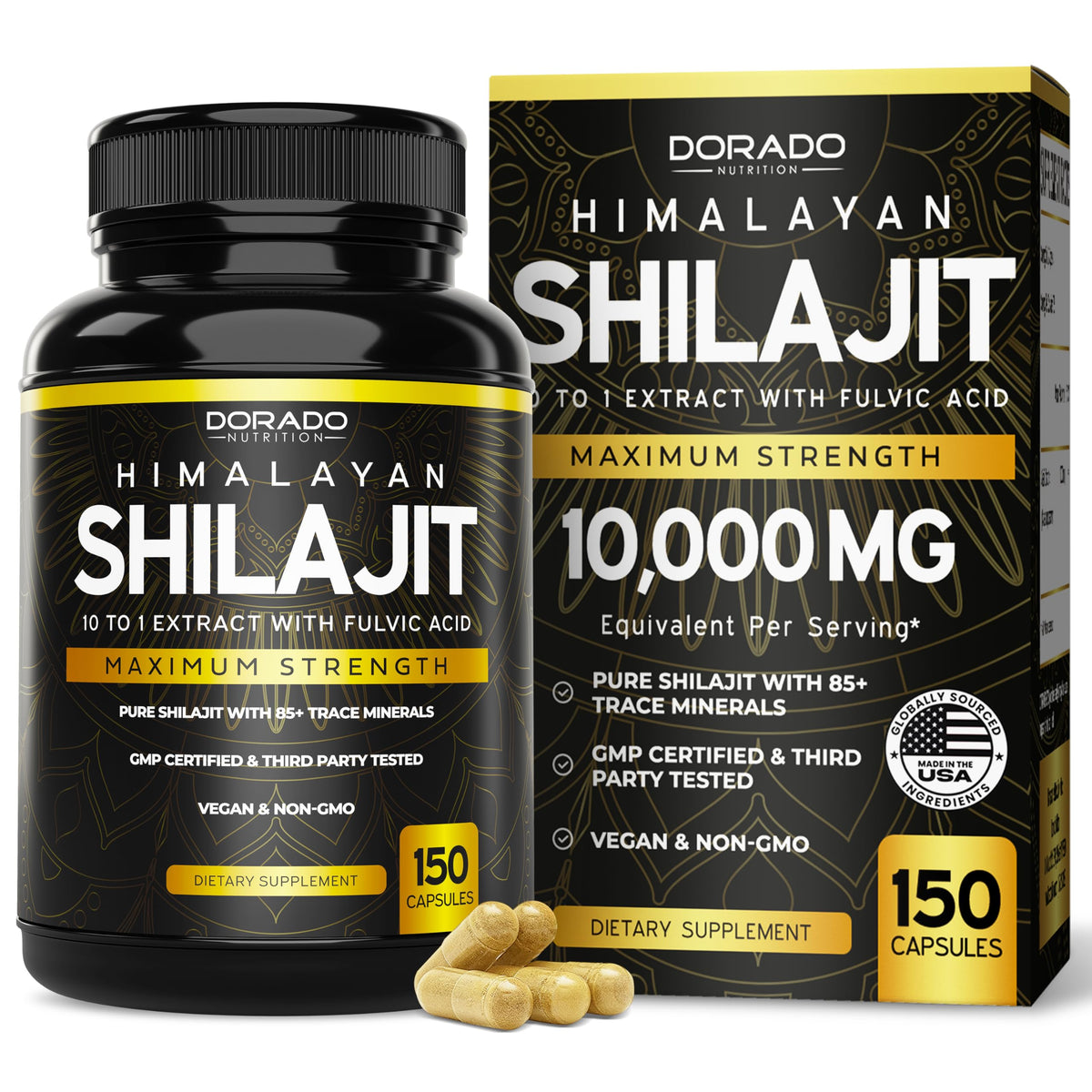 Shilajit capsules bottle showing 85+ minerals and 75-day supply