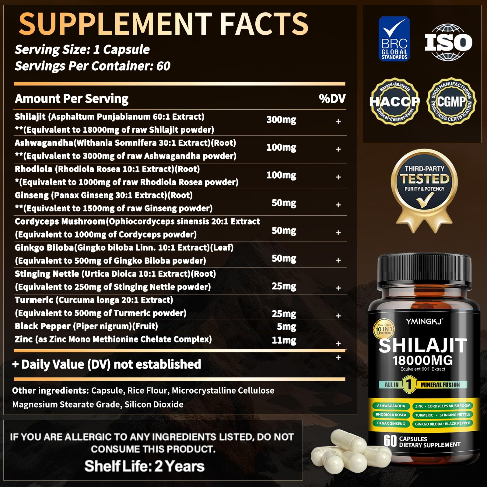 Shilajit capsules containing zinc, turmeric and ginkgo