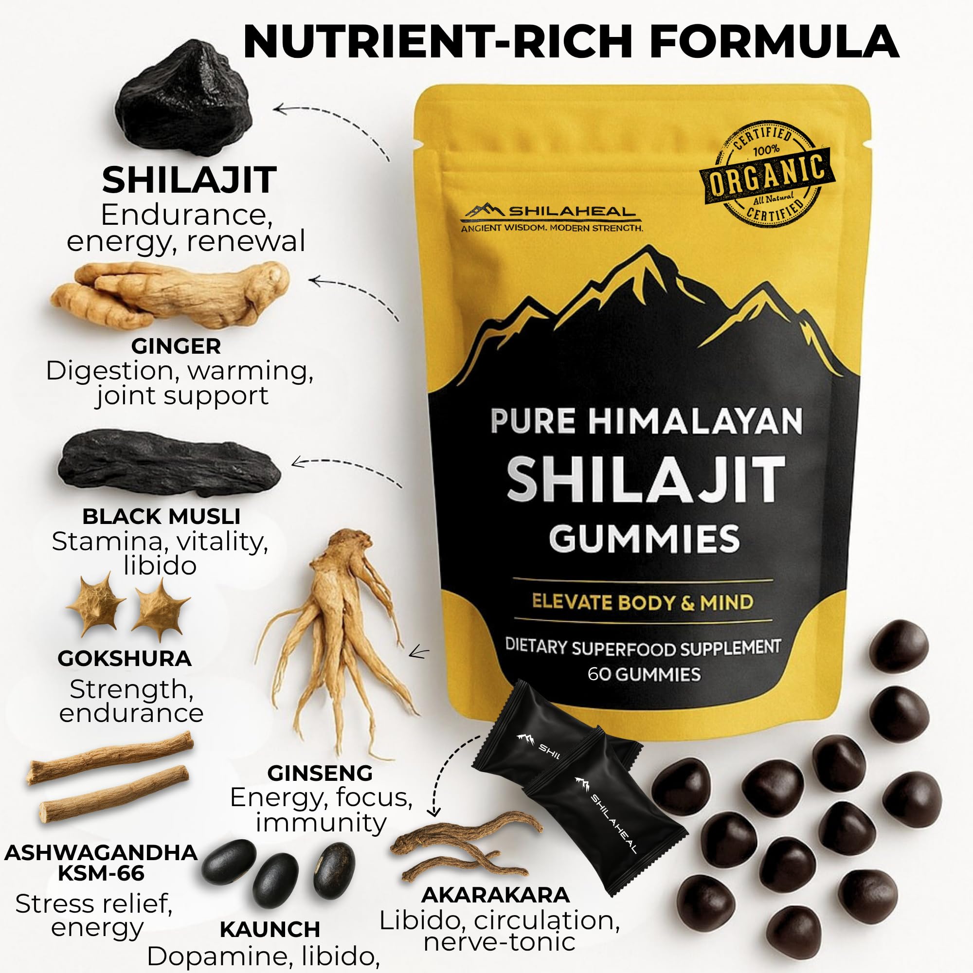 Shilajit Gummies on wooden surface with Himalayan background
