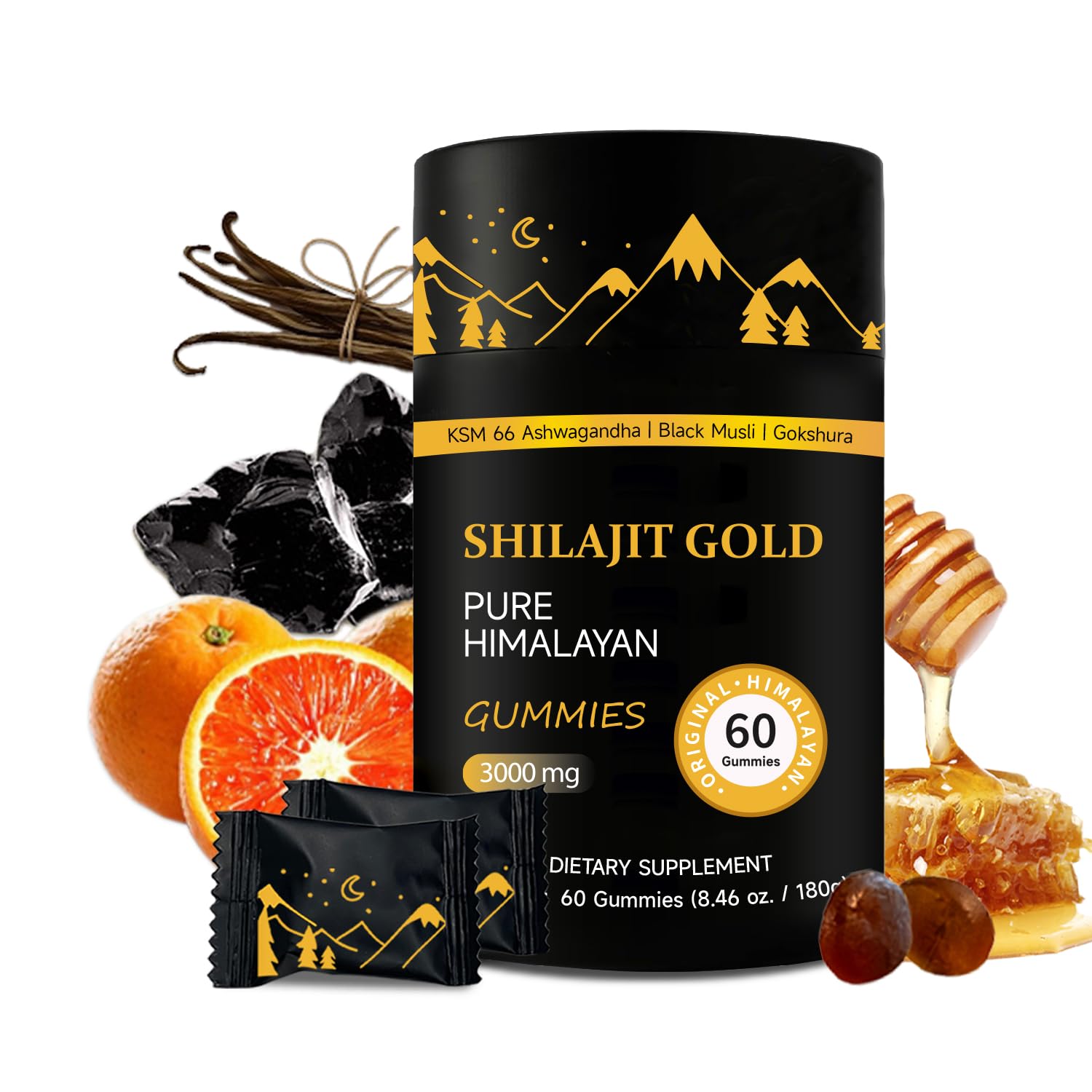 Shilajit Gummies Himalayan Gold packaging and gummies