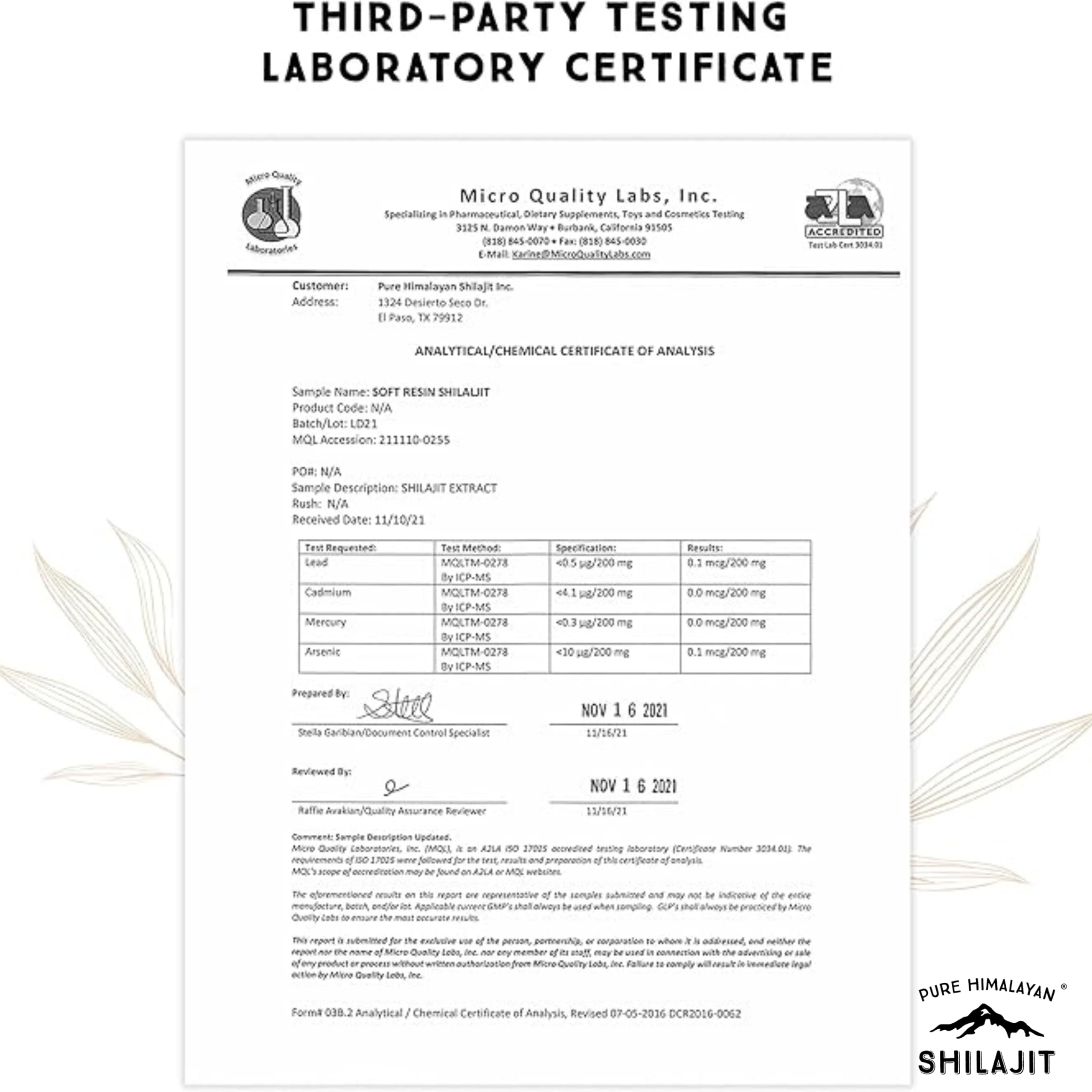 Lab-tested safety analysis certificate for Shilajit