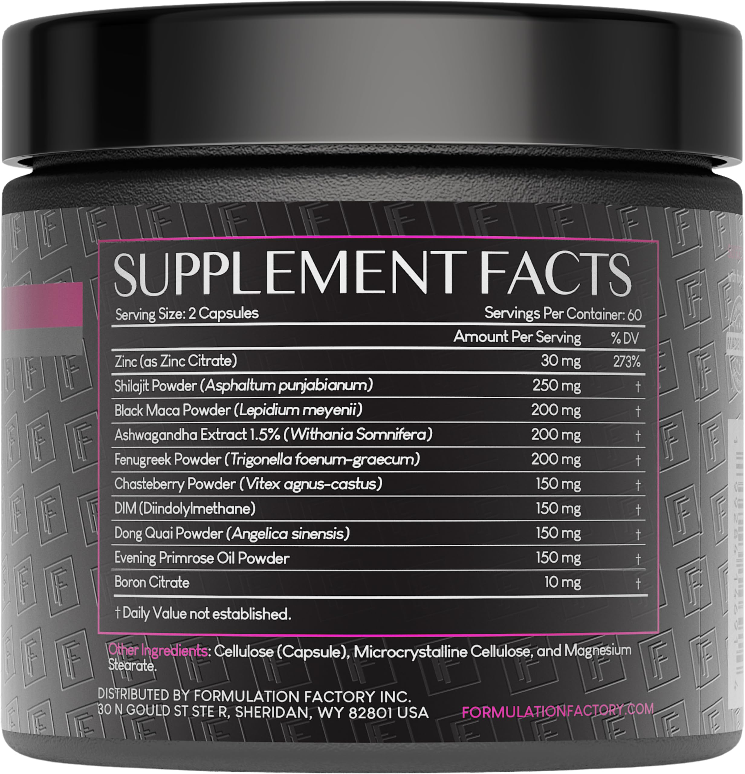 Shilajit, Maca, Ashwagandha, DIM, Dong Quai, Zinc, Boron ingredients