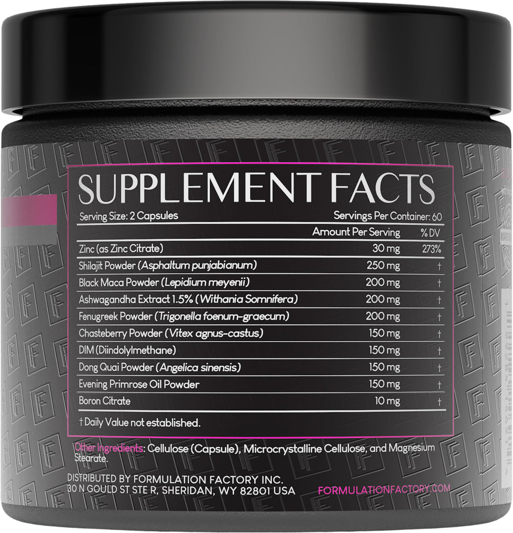 Shilajit, Maca, Ashwagandha, DIM, Dong Quai, Zinc, Boron ingredients