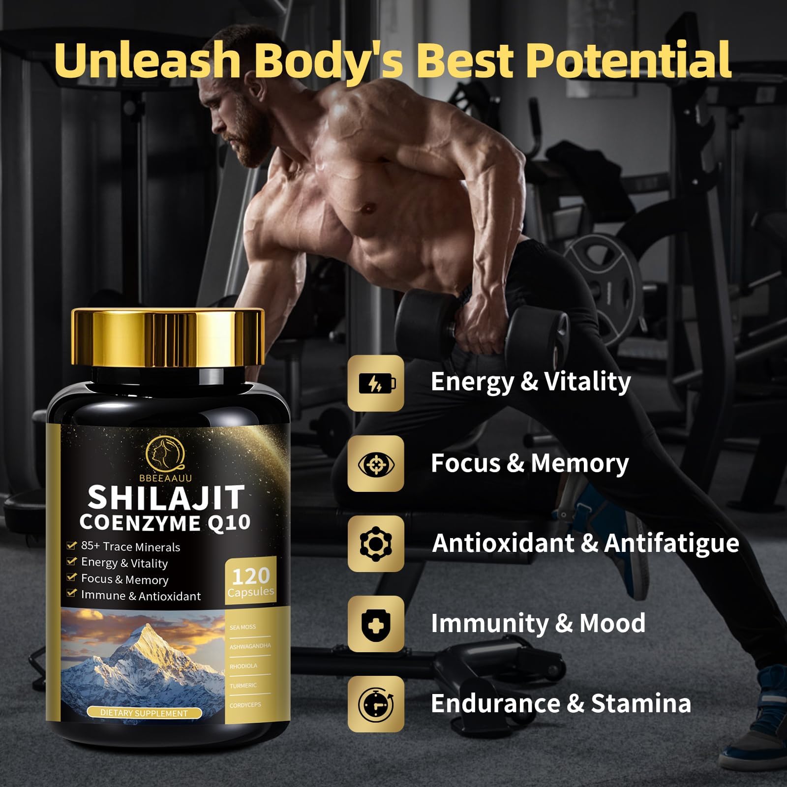 Ingredient list featuring shilajit, sea moss, rhodiola