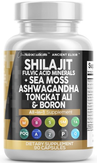 Hero image showing Clean Nutraceuticals Shilajit Sea Moss Tongkat Ali Ashwagandha capsules, 90 count