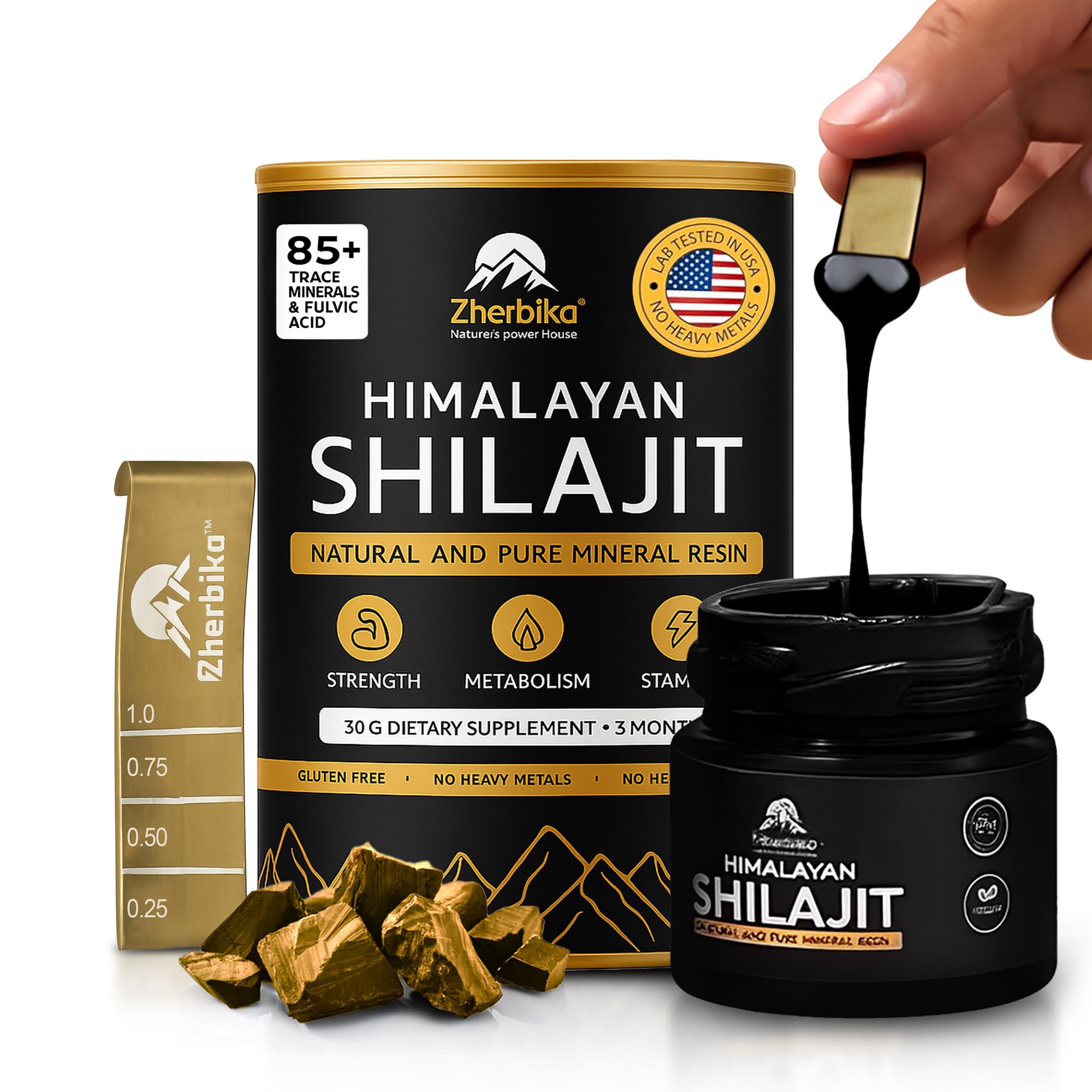 Amber UV-protected jar of Pure Himalayan Shilajit resin, 300mg per serving