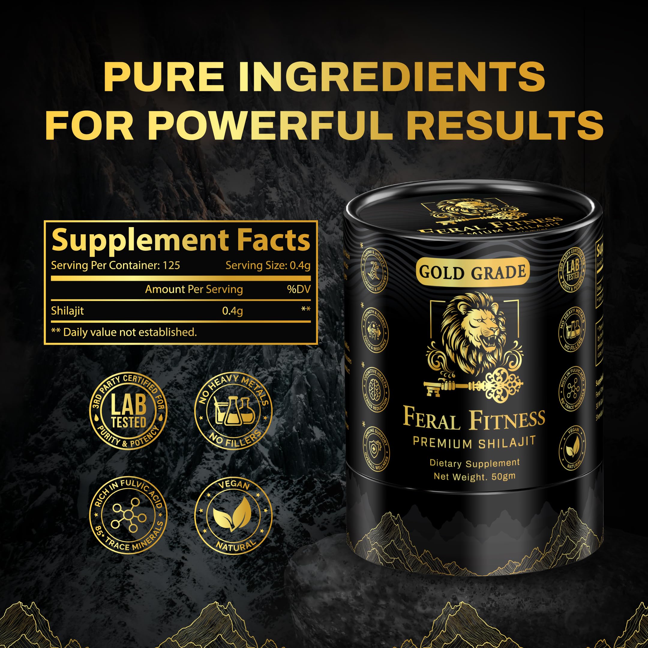 Back label of the 50g glass jar showing ingredients and certifications