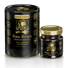 Front view of 50g glass jar containing gold-grade Himalayan Shilajit Resin
