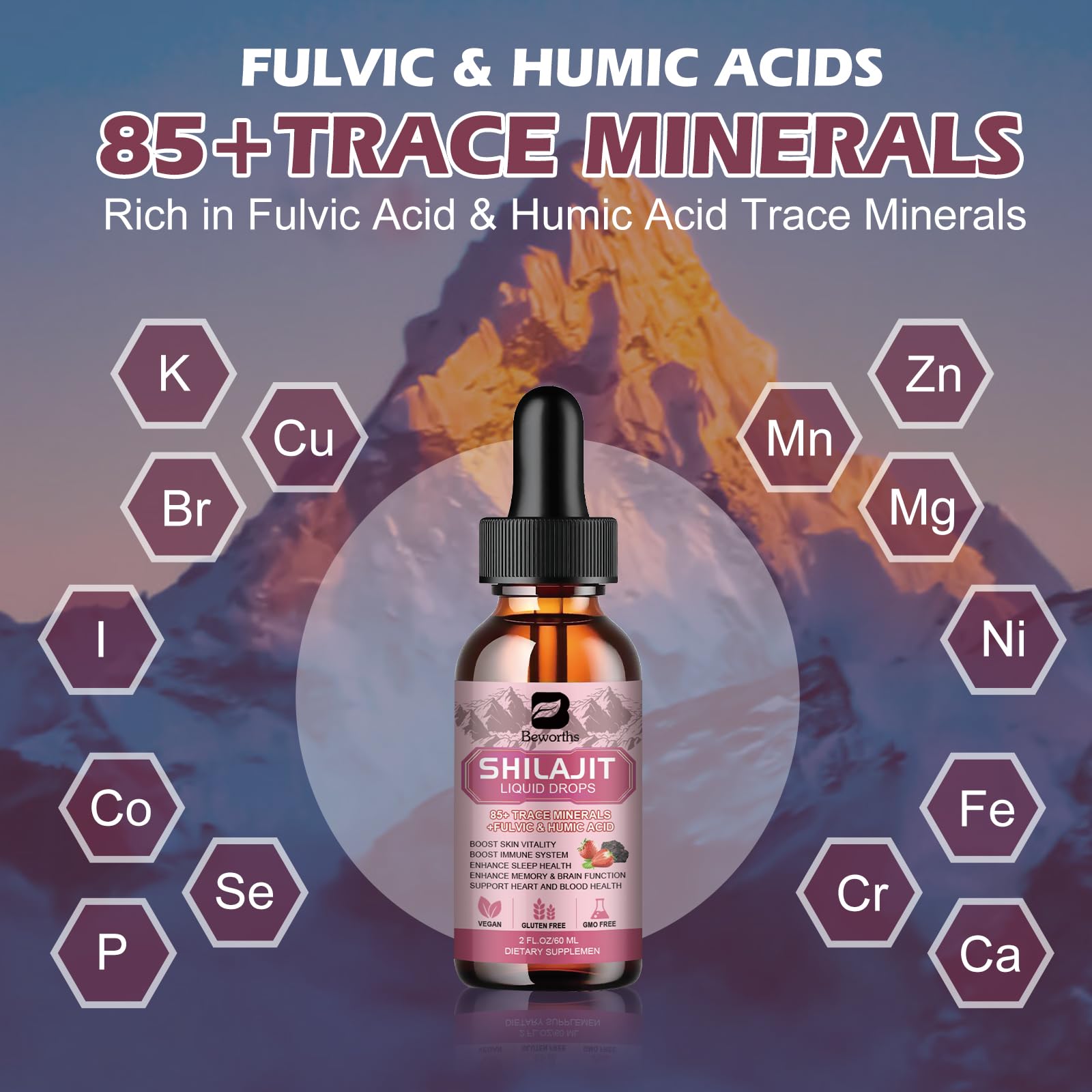 Graphic showing 85+ trace minerals and fulvic acid