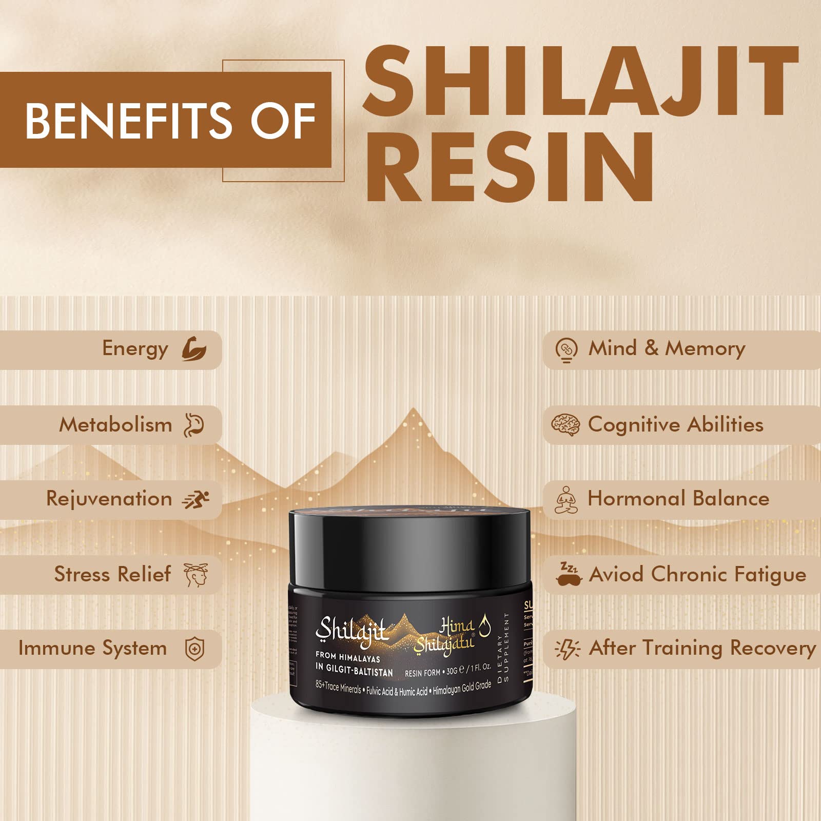 Fulvic acid and minerals in Shilajit resin