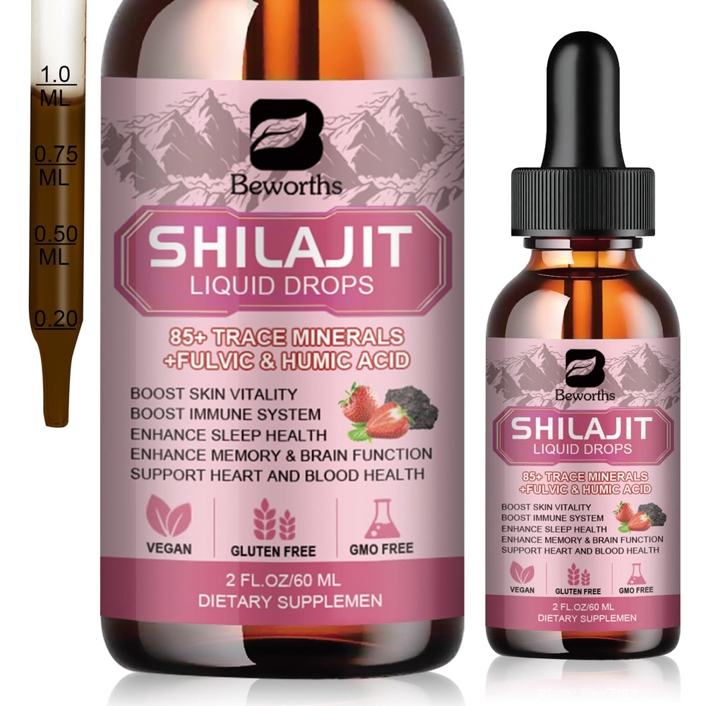 Shilajit resin liquid drops bottle with dropper in a white background