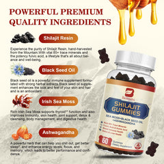 Close-up of Shilajit resin, sea moss, black seed oil and ashwagandha ingredients