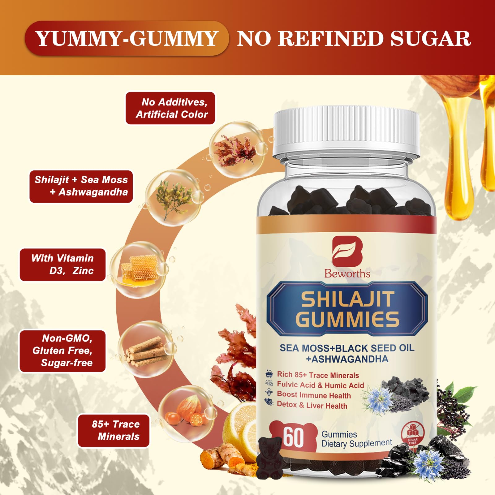 Packaging of Shilajit Resin Gummies showing label and ingredients