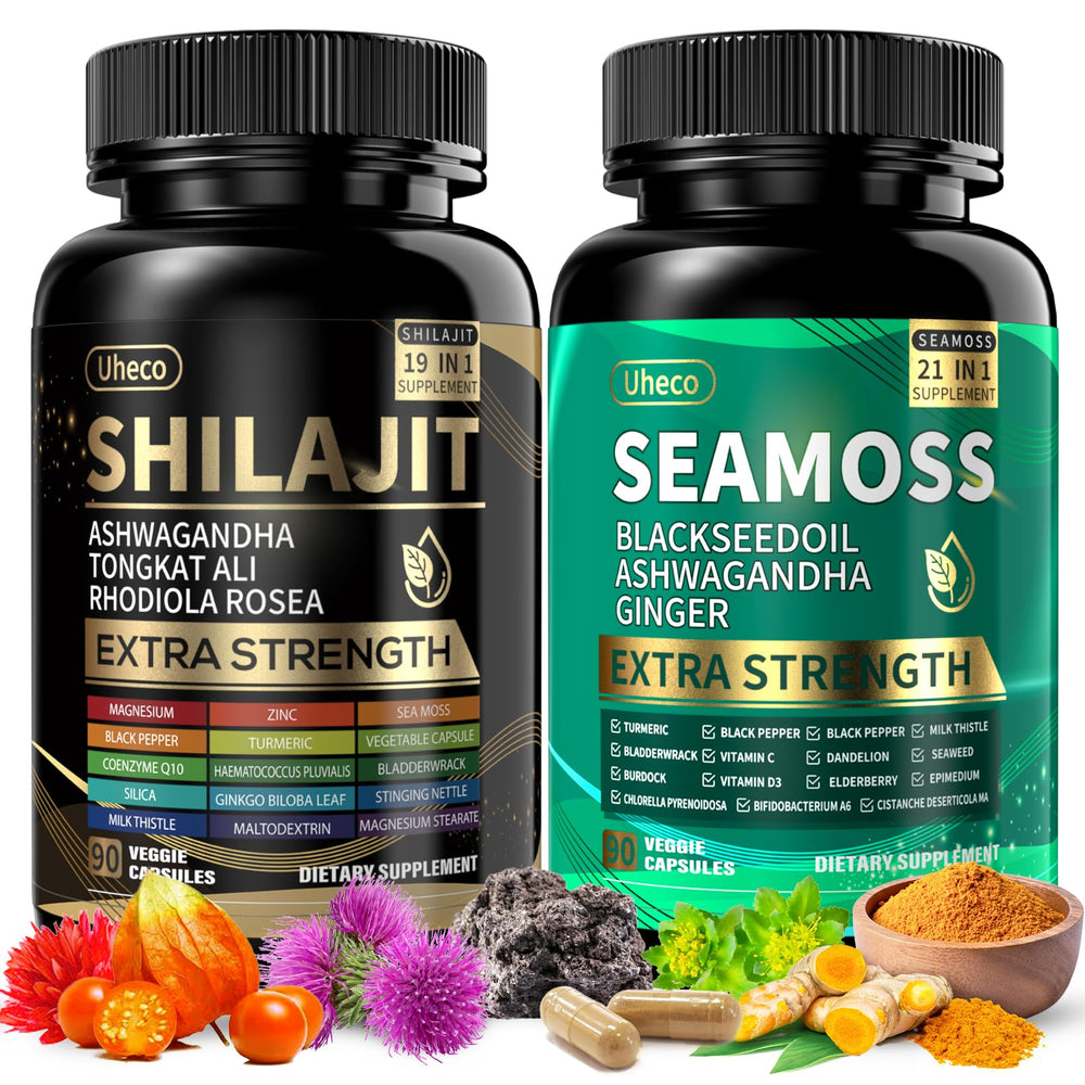 Shilajit and Sea Moss Vitality Bundle—two bottles of capsules on a white background