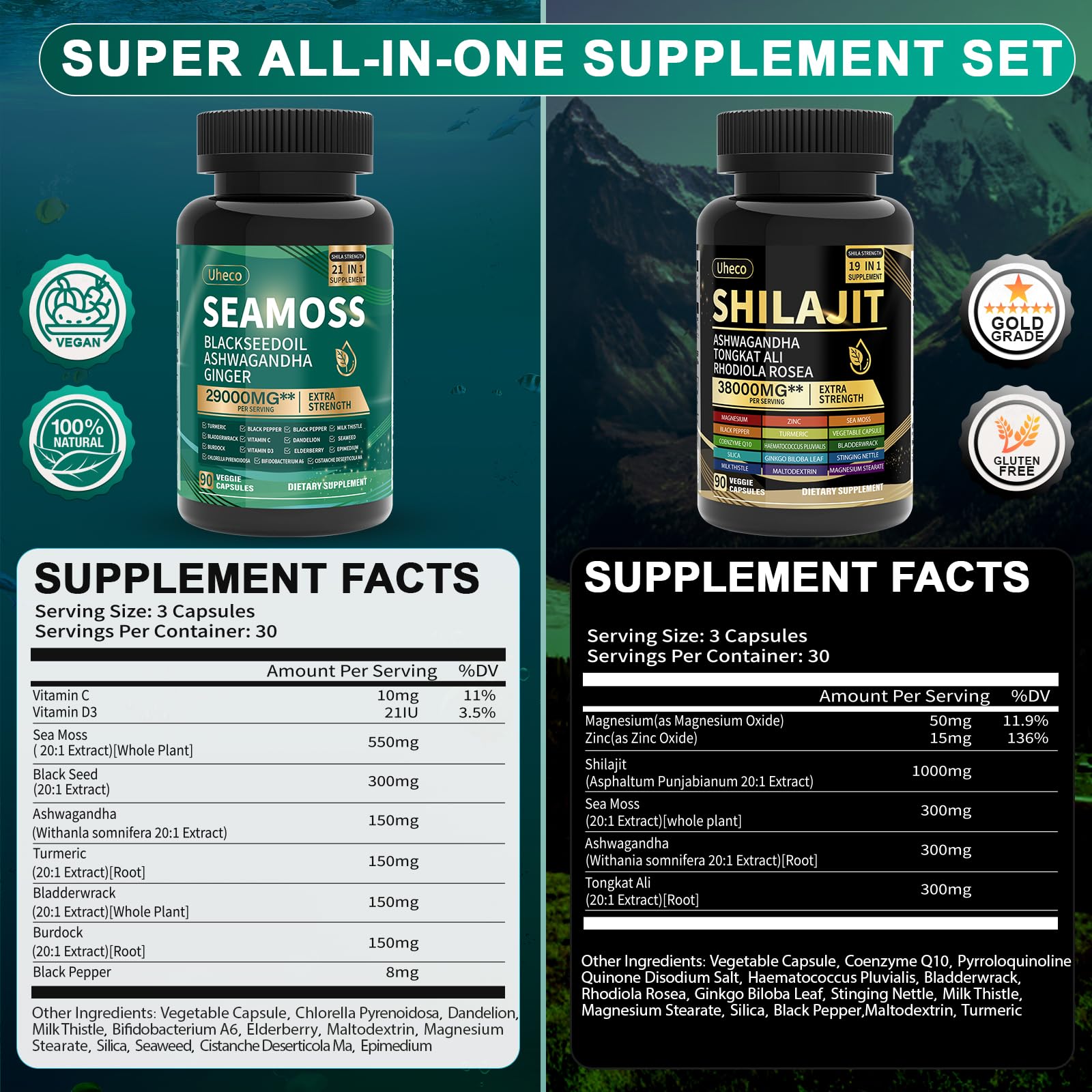 Close-up of Sea Moss capsules labeled 11,000 mg